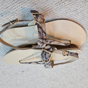 Cole Haan Francine Thong Buckle Sandals Beige Tan Snakeskin 10.5 Demi Wedge NEW